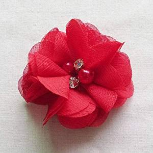 Chenkou Craft Pack of 12pcs Chiffon Flowers Ribbon Bows W/Beads 2-3/8" (60mm) Appliques Wedding Decor Bulk Lots (Red) - color: Red