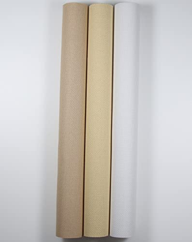 KCS 3 pc of 15" x 18" Counted Cross Stitch Cotton Aida Cloth Needlework Rolled Fabric Box,14CT,White+Light Straw+Khaki - color: White+light Straw+khaki, size: 14CT