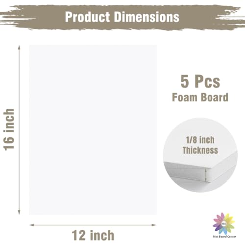 Mat Board Center 12x16 White Foam Boards Pack of 5, 1/8" Thick - size: 12x16