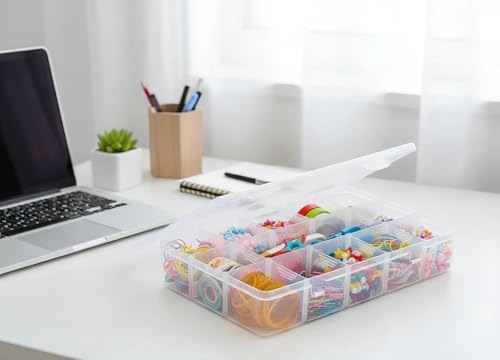 2 Pack Plastic Organizer Box with 14 Removable Dividers,15-Compartment Clear Storage Box for Crafts, Beads, Jewelry & Small Parts (10.5x6.5x2.2 Inches)