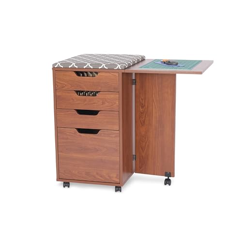 Kangaroo Kiwi Sewing Storage Rolling Caddy and Ironing Station – Mobile Craft Storage Cabinet with Ironing Surface & Shelves - color: Teak