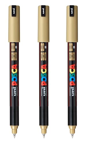 posca PC-1MR Water-Based Paint Markers, Extra Fine Tip (0.7mm), Gold, 3 Count - color: GOLD