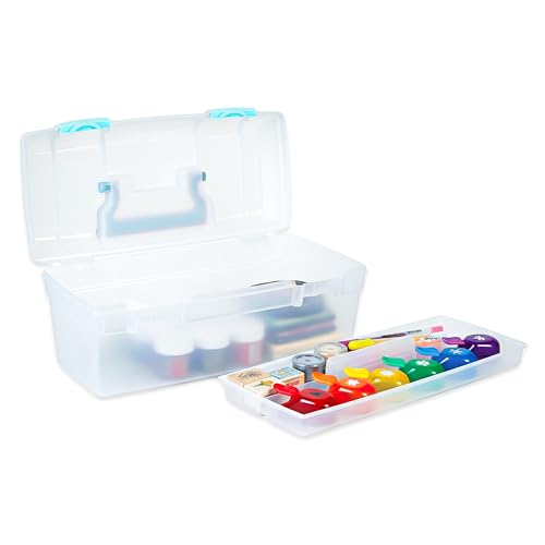 ArtBin Essentials Lift-Out Tray Craft Box with Handle, Clear/Aqua - color: Aqua Mist Latches, size: 13 x 6 x 5.625 inches