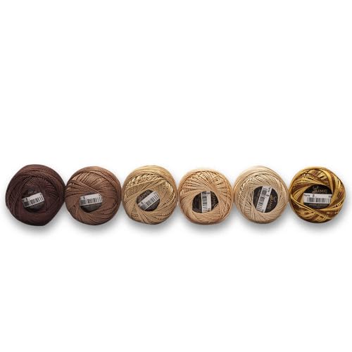 6 Balls Premium Pearl Cotton Embroidery Thread Size 8 | 100% Egyptian Cotton Crochet Yarn | Cross Stitch Embroidery Yarn | Oeko TEX Certified | 10 Grams per Ball (Brown Tones) - color: Brown Tones