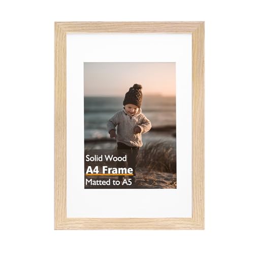 KINLINK A4 Picture Frame, Natural Solid Wood Frame with Acrylic Plexiglass for Pictures A5 with Mat or A4 without Mat, Tabletop and Wall Mounting Display Photo Frame 1 Pack - color: Natural, size: A4