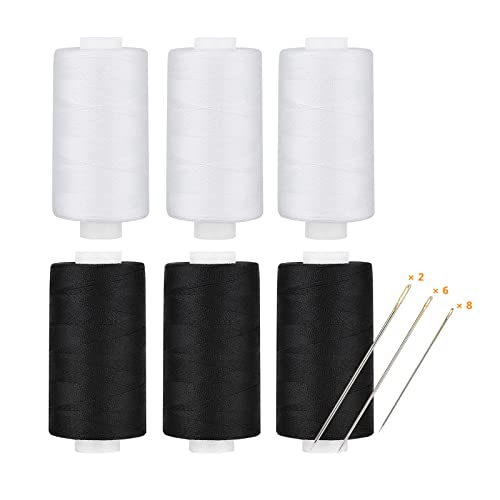 All Purpose Thread Polyester 3 White 3 Black, 400 Yards Each with 16 Needles for Hand Sewing, and Thread for Quilting Piecing Sewing Machines - color: 3 Black 3 White