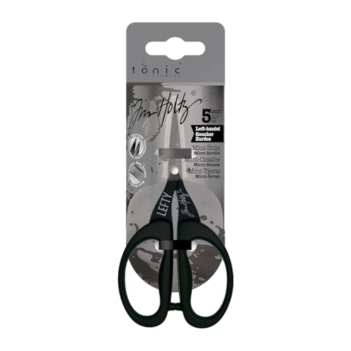 Tim Holtz Left Handed Scissors - 5 Inch Mini Snips with Micro Serrated Blade - Lefty Craft Tool for Cutting Paper, Fabric, and Sewing - Titanium with Black Comfort Grip Handles - size: 5" Left Handed