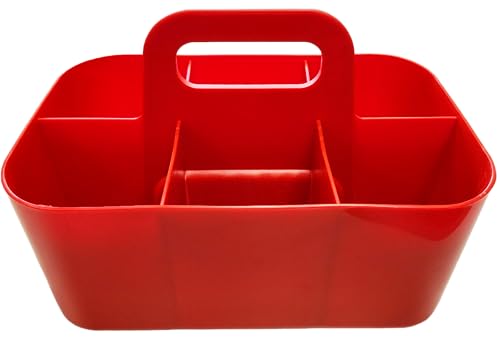 3 Pack Small 6 Compartment Multiuse Caddy Organizer with Handle Art Craft Supplies, Office, Desk, Stationery Pen Holder Stackable- Made In USA (Red) - color: Red