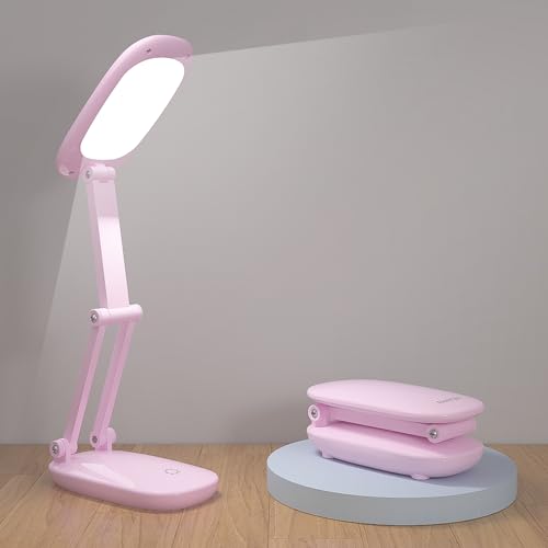 Akejrym LED Desk Lamp for Office Home & Battery Operated Lamp Rechargeable Lamp Foldable & Portable Light, [2-Fold Bracket] 3 Brightness Dimmable Small Desk Lamp Wireless Reading Lamp (Pink) - color: Pink