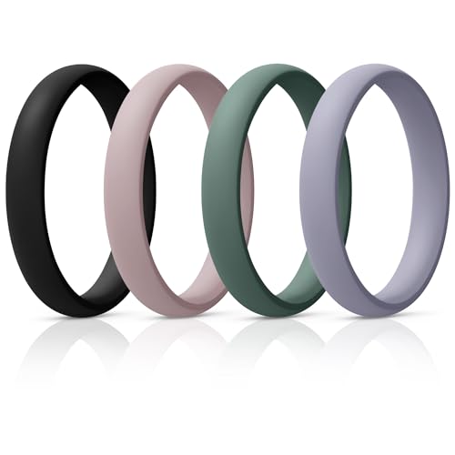 Egnaro Women's Silicone Wedding Ring 2.5mm Wide 1.8mm Thick Rubber Band Set - color: 1-Black, Bright Peach, Green, Cloudy Blue