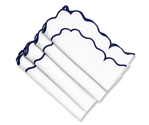 Navy Blue and White Napkins, Embroidered, 100% Cotton, Scalloped Hem Napkin, Set of 4, Blue Dinner Napkins Cloth, Farmhouse, Wedding, Reusable & Washable, 18x18 - color: Navy Blue/White