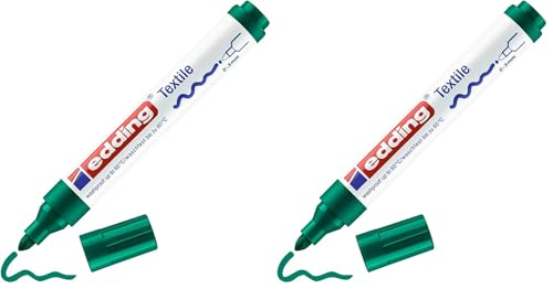 edding 4500 textile marker - green - 1 pen - round nib 2-3 mm - permanent fabric markers for drawing on textiles, wash-resistant up to 60 °C - marker pens for fabric lettering (Pack of 2) - color: Green, size: 1 Count (Pack of 2)
