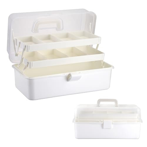 Tackle Box, 16-Inch Extra Large Art Storage Box with 3-Layer Folding Trays - color: White