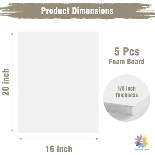 Mat Board Center 16x20 White Foam Boards Pack of 5, 1/8" Thick - size: 16x20