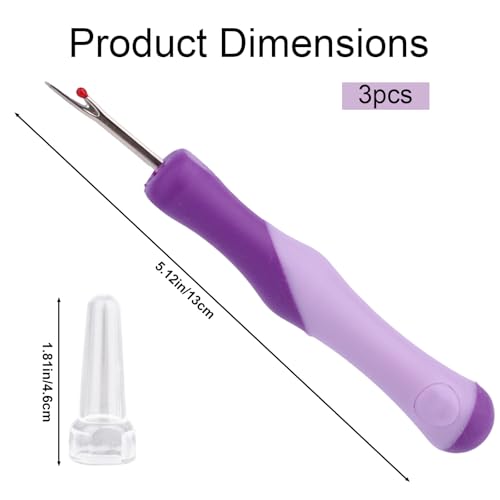 3pcs Seam Ripper, Stitch Remover Tool with Safety Caps and Small Red Ball for Hand Sewing Knitting Cross Stitch Embroidery Thread Removal(Purple) - style: 3 purple