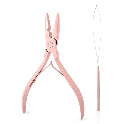 Gomake Hair Extensions Closed and Remover Pliers set, Micro Silicone Rings Beads Hair Extensions Loop Needle Threader Pulling Hook Tool and Bead Device Tool for Hair or Feather Extensions (Pink) - color: Pink