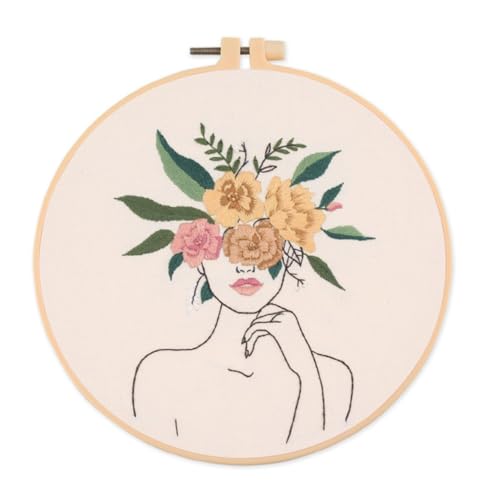 IUHUI Embroidery Kit for Beginners Adults - Fashionable Women Wearing Flowers Easy Patterns, DIY Hand Stitching Embroidery Set with Hoop (Elegant Woman) - color: Elegant Woman