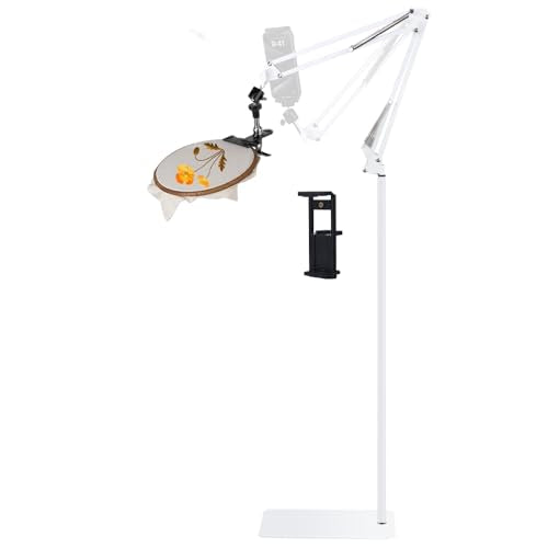 Adjustable Embroidery Hoops Stand for Hand Work,Cross Stitch Frame with 360° Rotation, Hands-Free Stitching,3-in-1 Hoop/Tablet/Phone Holder Floor Stand,White - style: White
