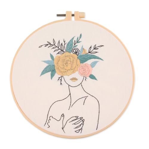 IUHUI Embroidery Kit for Beginners Adults - Fashionable Women Wearing Flowers Easy Patterns, DIY Hand Stitching Embroidery Set with Hoop (Quiet Woman) - color: Quiet Woman