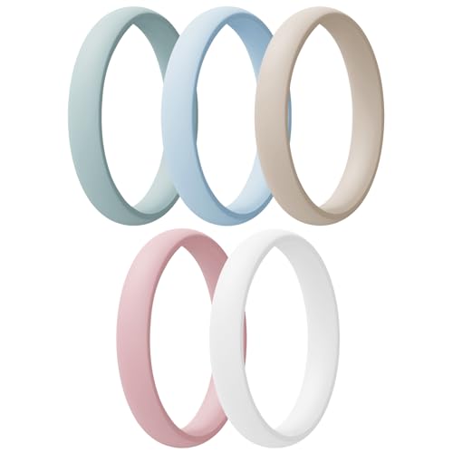 Egnaro Women's Silicone Wedding Ring 2.5mm Wide 1.8mm Thick Rubber Band Set - color: A4-Light Green, Arctic Ice, Beige, Pink Sand, White
