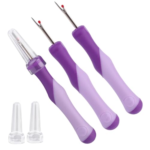 3pcs Seam Ripper, Stitch Remover Tool with Safety Caps and Small Red Ball for Hand Sewing Knitting Cross Stitch Embroidery Thread Removal(Purple) - style: 3 purple