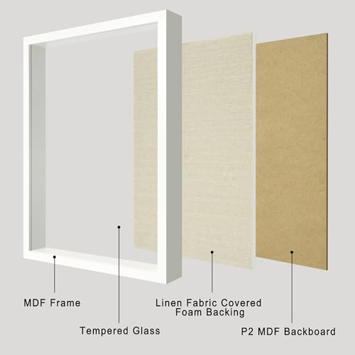 12x16 Large Shadow Box Picture Frame Display Case with Soft Linen Back, White Wooden Memory Shadow Box Frame with Tempered Glass Cover for Wall Display - color: White, size: 12x16