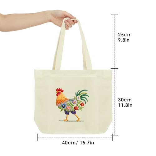 ERKOON Canvas Tote Bag Embroidery Kit for Beginners, Floral Arts Crafts Cross Stitch Kits for Adults Including Stamped Embroidery Bag with Hoops, Needle, Instruction and Color Threads (Rooster) - color: Rooster