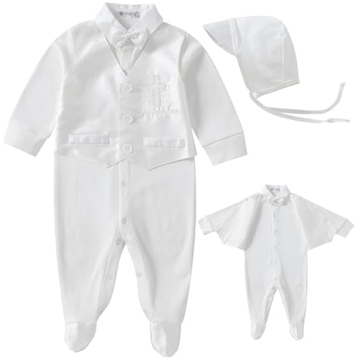 Booulfi Boy Baptism Outfits White Romper Fall Clothes Christening Gifts - color: Ivory, size: 0-3 Months