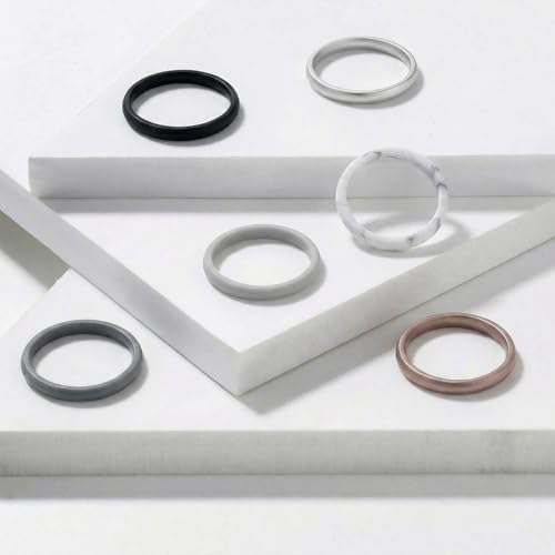 Egnaro Women's Silicone Wedding Ring 2.5mm Wide 1.8mm Thick Rubber Band Set - color: A3-Black, Silver, Marble, Dark silver, Light Gray, Metallic Platinum