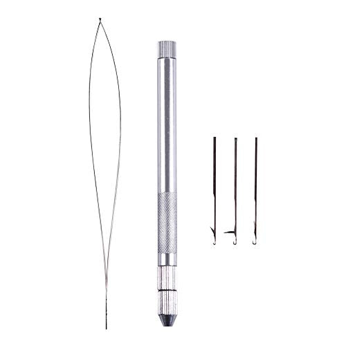 Hair Extension Tools 3 Different Size Knitting Hook Needles+ 1 Holder +1 Pulling Needle Loop Threader Aluminum Ventilating Holder and Needles Kit (Silver)