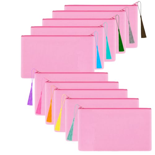 Pink Canvas Zipper Pouch Bulk Makeup Cosmetic Bag with Tassels, 10 Pack