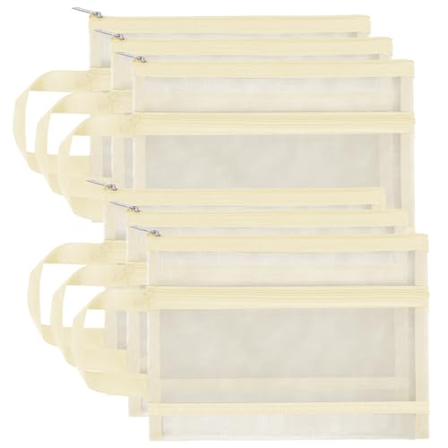 6 Pack Mesh Zipper Pouch Bags, Double Layer Nylon Pouch with Handle for Office Travel Organization (Beige, A4) - color: Beige, size: A4