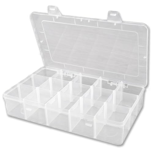 YuYueWeiXiao 15-Grid Large Plastic Storage Box with Shelves, Transparent compartments, Ideal for Snacks, Bead Crafts, Jewelry, and Fishing Gear. Dimensions: 10.6 x 6.7 x 2.2 inches.