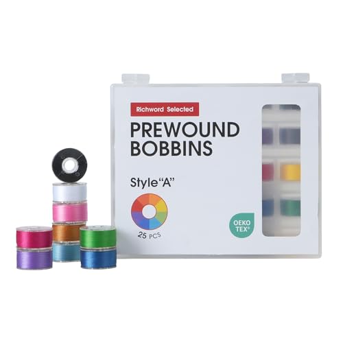 Poolin Prewound Bobbins Richword Selected 25PCS Colors Size A, Plastic Sided, 70D/2(60WT) Polyester Bobbin Thread for Single Needle Embroidery and Sewing Machine - color: 25pcs Colorful