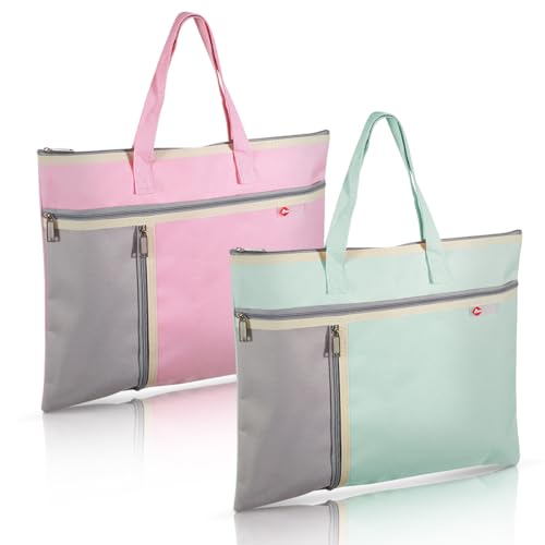 2Pcs A4 Waterproof Document Bag File Organizer, 3 Pockets Oxford Zipper Pouches for Organizing with Handle, Notary Bag for Paper Books Project Tote Bag, Green and Pink