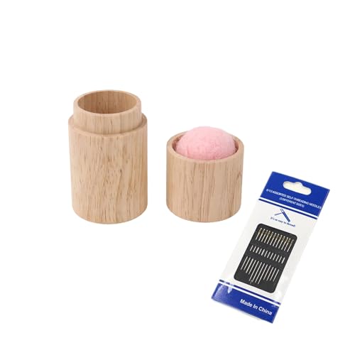 Yucenora Wooden Sewing Needle Case, Portable Sewing Needles Storage Box with Needle Cushion Inside, with 12 Needles for Home and Travel Needlework(Pink)