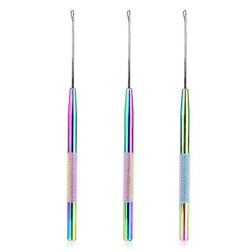 NEWISHTOOL Stainless Steel Hair Extensions Loop Needle Pulling Hook Tool, 3 PCS Micro Needle Threader Wire Pulling Loop Hook Tools for Silicone MicroLink Beads Rings and Feathers Extensions - color: Rainbow, size: Pulling Hook