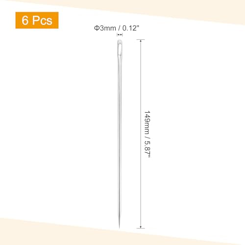 uxcell 6 Pcs Large Eye Sewing Needles, 5.87 Inch 3mm Steel Embroidery Thread Needle Sewing Big Eye Needle Knitting Needles for Hand Sewing Art Crafts, Silver - size: 149mm, 3mm