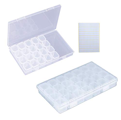 2 Pack 28 Grids Clear 5D Diamond Painting Embroidery Box, Accessories Storage Containers Adjustable Bead Case with 196 Pcs Label Stickers (28 Grids-2pack) - color: 28 Grids-2pack