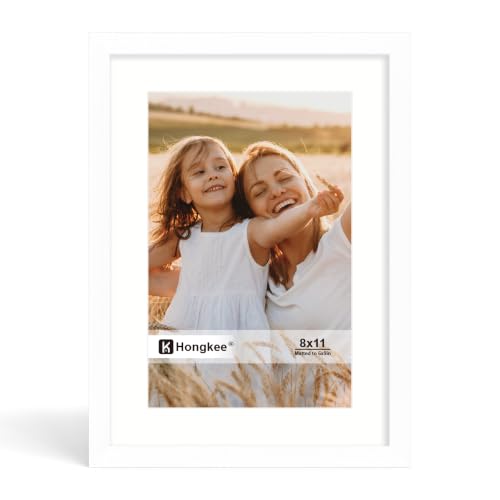 Hongkee 8x11 Picture Frame, Solid Wood Frame with Real Glass, 6x9 Mat - color: White, size: 8 x 11