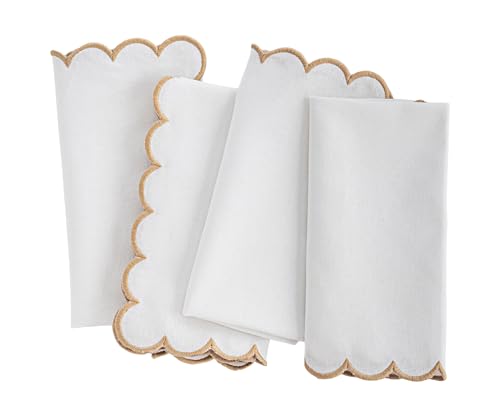 Beige and White Napkins with Gold Trim Set of 4, Premium Quality, 100% Cotton, White and Gold Embroidered Scalloped Napkin, Wedding Reception, Party, Beige Linen Napkins18x18 - color: Beige Closewave