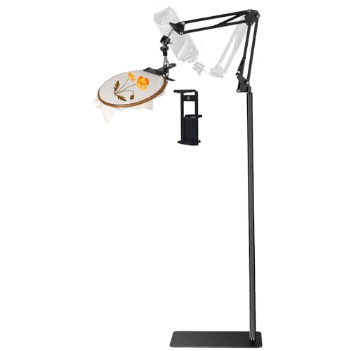 Adjustable Embroidery Hoops Stand for Hand Work,Cross Stitch Frame with 360° Rotation, Embroidery Stand Lap Suitable for Embroidery Kit,3-in-1 Hoop/Tablet/Phone Holder Floor Stand, Black - style: Black