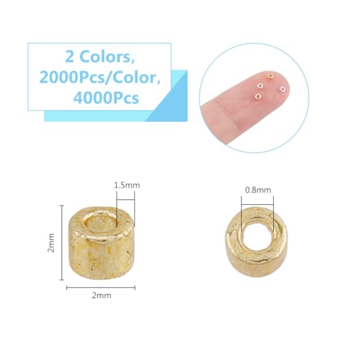 DICOSMETIC 4000Pcs 2mm Tiny Cylinder Glass Seed Beads Gold Silver Round Seed Beads 2 Colors Small Loose Spacer Craft Bead Metallic Glass Bead for Bracelet Necklace Earring Jewelry Making