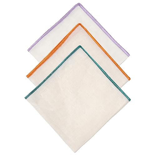 Natural Linen Pocket Squares, Embroidered Contrast Border 3 pcs, Off white - color: A8 (3-pack)