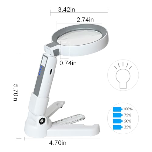4X Rechargeable Magnifying Glass with 18 LED Light, Foldable Handheld Stand, Magnifying Glass with Light Ideal for Close Work, Seniors Reading, Macular Degeneration - Inbuilt Lithium Battery Included - size: 4X-10.5X