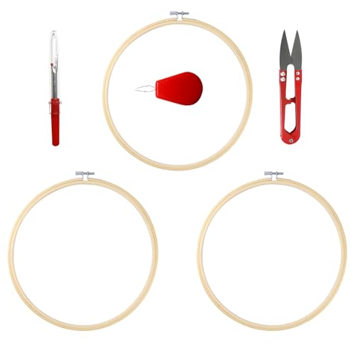 3Pcs 8 Inch Bamboo Embroidery Hoops with Sewing Scissors, Seam Ripper,Needle Threader, Round Cross Stitch Hoops with Adjustable Screw, Lightweight & Durable Craft Hoops. (Yellow) - color: Yellow