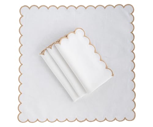 Beige and White Napkins with Gold Trim Set of 4, Premium Quality, 100% Cotton, White and Gold Embroidered Scalloped Napkin, Wedding Reception, Party, Beige Linen Napkins18x18 - color: Beige Closewave