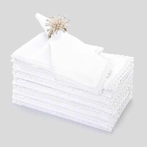FINGERCRAFT Lace Cloth Napkins, 100% Cotton, 12 Pack, 20x20 Inch, White - color: White, size: 20" x 20" (Set of 12)