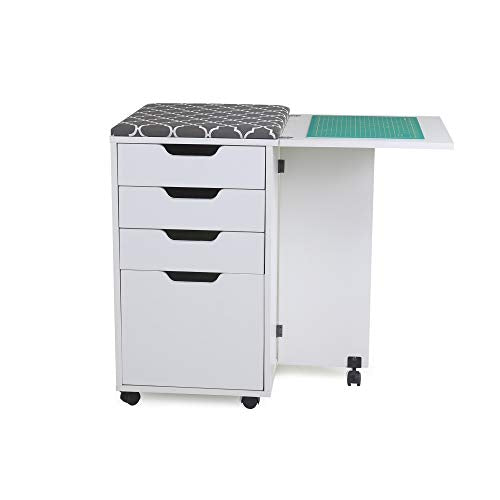 Kangaroo Kiwi Sewing Storage Rolling Caddy and Ironing Station – Mobile Craft Storage Cabinet with Ironing Surface & Shelves - color: Ash White