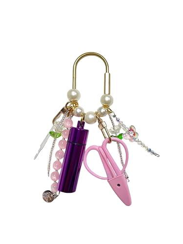 MEYAGO Needlepoint Bag Charm Tool Kit with Mini Embroidery Scissors, Needle Threader, Needle Holder Tube & Gold Keyring, Portable Embroidery Accessories for Cross Stitch Sewing DIY Crafts (Pink) - color: Pink